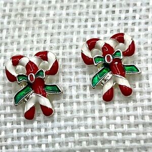 Candy Cane Christmas Earrings Delicate Dainty  Red White and Green Bow